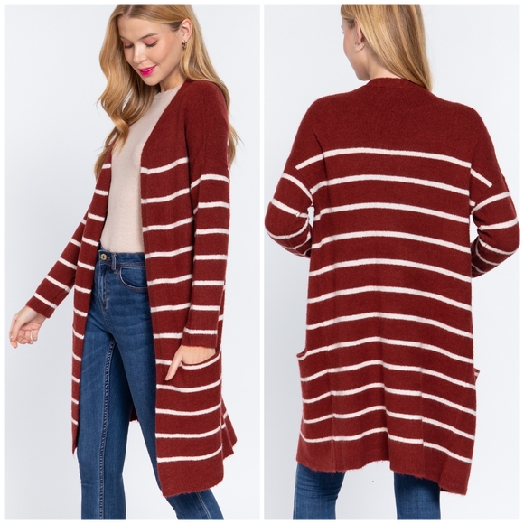 FEW LEFT❗️Cozy Chic Burgundy Striped Long Open Cardigan - Picture 5 of 8